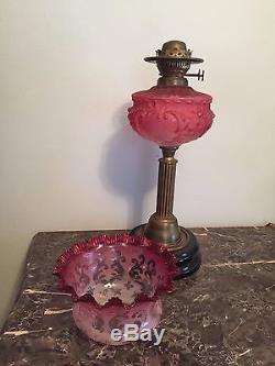 Victorian Etched Cranberry Glass Oil Lamp Duplex with Tulip Shade