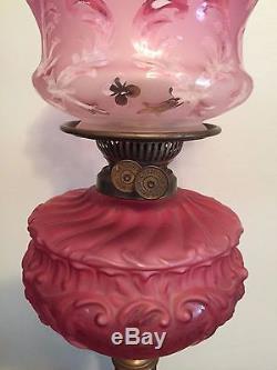 Victorian Etched Cranberry Glass Oil Lamp Duplex with Tulip Shade