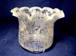 Victorian Etched Glass Oil Lamp Shade Nouveau Poppy Decoration Ruffle Edge