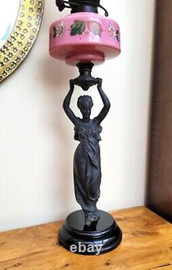Victorian Figural Oil Lamp Pink Font & Tulip Shade Grecian Lady Duplex