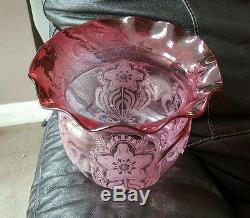 Victorian Floral Dark Cranberry Pink Glass Oil Lamp Shade rare 4 concave sides
