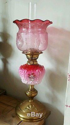 Victorian Floral Dark Cranberry Pink Glass Oil Lamp Shade rare 4 concave sides
