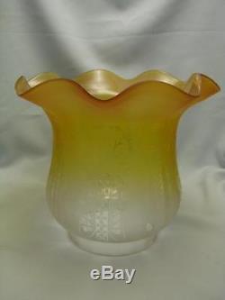 Victorian Fully Etched Yellow Glass Tulip Oil Lamp Shade 4 Fitter