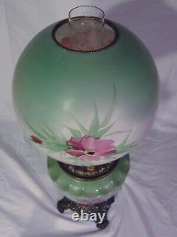 Victorian Gone with Wind Parlor Banquet Oil Lamp Pink Green Flowers GWTW Violets
