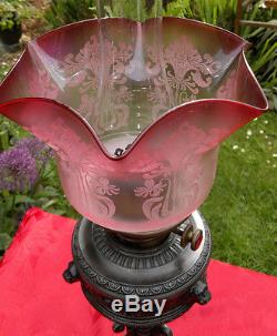 Victorian GothicArt Nouveau Oil Lamp Cranberry Satin Glass Deep Etched Shade