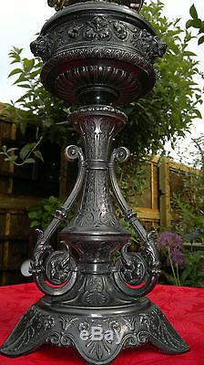 Victorian GothicArt Nouveau Oil Lamp Cranberry Satin Glass Deep Etched Shade