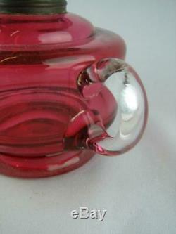Victorian Hand Held Finger Oil Lamp, Cranberry Cut Glass Font, Queen Anne Burner