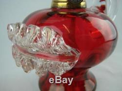 Victorian Hand Held Pedestal Finger Oil Lamp, Cranberry Glass Font & Shade