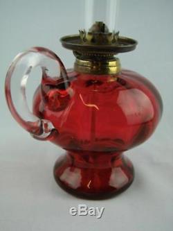 Victorian Hand Held Pedestal Finger Oil Lamp, Cranberry Glass Font & Shade