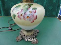 Victorian Hand Painted Florals Gone with the Wind Oil Lamp F. G. Co. Electrified