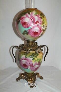 Victorian Hand Painted Gone with the Wind Oil Lamp With ROSES (GWTW Banquet Lamp)