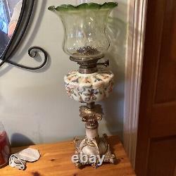 Victorian Hand Painted Moulded Opaline Glass Oil Lamp