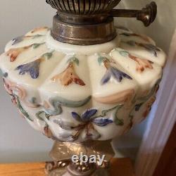 Victorian Hand Painted Moulded Opaline Glass Oil Lamp