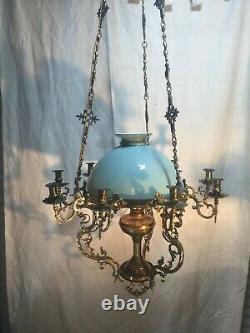 Victorian Hanging Oil Lamp Chandelier Converted to Electric