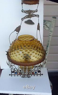 Victorian Hanging Oil Library Lamp 14 Hobnail Amber Glass Shade Jeweled OFFER