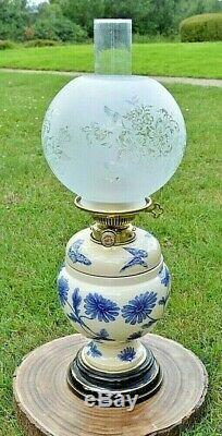 Victorian Hinks Duplex Oil Lamp. Blue & White Taylor Tunnicliffe Ceramic Base