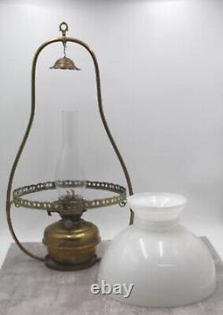 Victorian Hinks No2 Duplex Burner Hanging Oil Lamp Used Vintage Opaline Shade