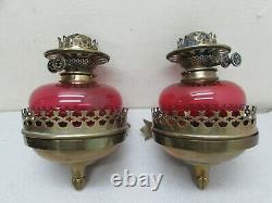 Victorian Hinks Son Duplex Brass Cranberry Ruby Glass Oil Lamp Wall Sconce PAIR