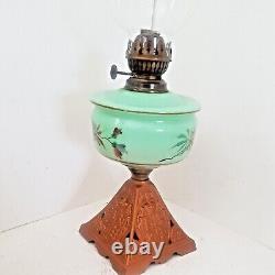 Victorian Large Oil Lamp Royal Crest Cast Iron Base Green Glass Painted Rare