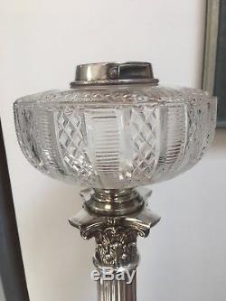 Victorian Mappin and Webb silver plate oil lamp with cut glass font