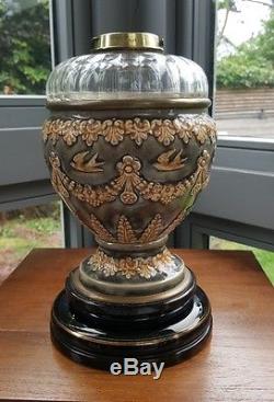 Victorian Messenger 1890 Royal Doulton Lambeth Oil Lamp Birds & Swags Cut Glass