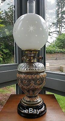 Victorian Messenger 1890 Royal Doulton Lambeth Oil Lamp Birds & Swags Cut Glass