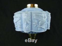 Victorian Moulded Lobed Blue Glass Oil Lamp Font, Art Nouveau Parrot Decoration