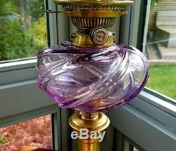 Victorian Nouveau Rose Flowers Amethyst Purple Etched Glass Oil Lamp Shade Font