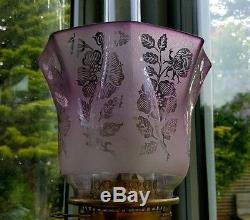 Victorian Nouveau Rose Flowers Amethyst Purple Etched Glass Oil Lamp Shade Font