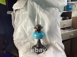Victorian OIL LAMP BLUE GLASS RESERVOIR polished steel base