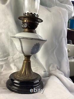 Victorian OIL LAMP MILK GLASS RESERVOIR brass & porcelain base