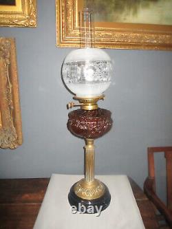 Victorian Oil Lamp, Amber Glass Font, Shade/chimney, Corinthian, Working