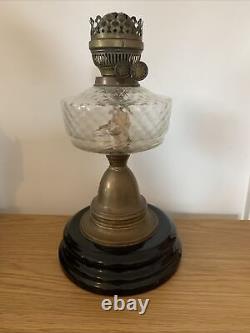 Victorian Oil Lamp Amber Glass On Brass Column And Wooden Base