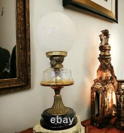 Victorian Oil Lamp Brass Column And Wooden Base