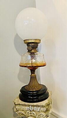 Victorian Oil Lamp Brass Column And Wooden Base