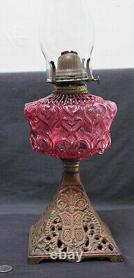 Victorian Oil Lamp Cranberry Glass Reservoir Pierced Shield Metal Base Chimney