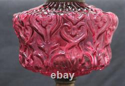 Victorian Oil Lamp Cranberry Glass Reservoir Pierced Shield Metal Base Chimney
