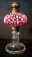 Victorian Oil Lamp Cranberry with Opalescent Daisy Pattern Clear Pedestal Base
