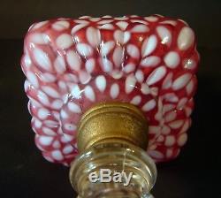 Victorian Oil Lamp Cranberry with Opalescent Daisy Pattern Clear Pedestal Base