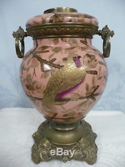 Victorian Oil Lamp, Gilt Enamel Porcelain, Bird Design, Bronze Base & Mounts