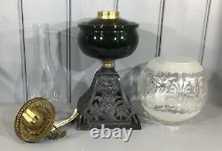 Victorian Oil Lamp Green Glass Font Pyramid Shaped Lamp Base