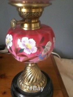 Victorian Oil Lamp Hand painted cranberry milk glass font cranberry glass shade