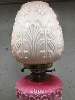 Victorian Oil Lamp Pink Milk Glass Reservoir, Copper Column Floral Shade c 1890