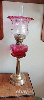 Victorian Oil Lamp With Cranberry Shade And Font