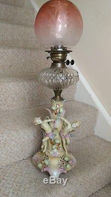 Victorian Oil Lamp With Porcelain Figural Base And Ruby Etched Shade