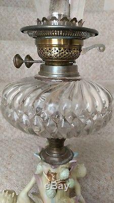 Victorian Oil Lamp With Porcelain Figural Base And Ruby Etched Shade