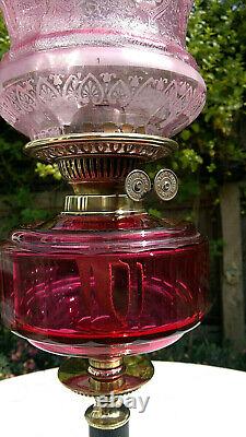 Victorian Oil LampCranberry Acid Etched Cut Glass ShadeEbony BrassDuplex