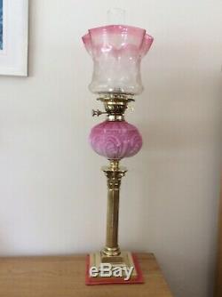 Victorian Opaline Duplex Oil Lamp With Etched Cranberry Tulip Shade