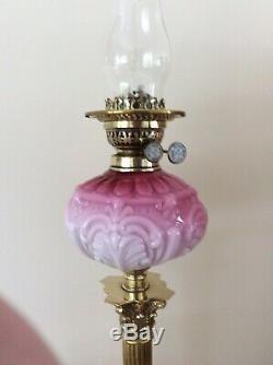 Victorian Opaline Duplex Oil Lamp With Etched Cranberry Tulip Shade