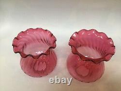Victorian Pair Of Cut Crystal Peg Oil Lamps With Cranberry Glass Shades
